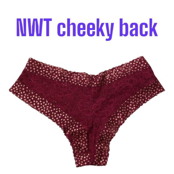 Lg NWT Victoria's Secret Cheeky Gold Star Sheer Lace Burgundy Maroon Panties New - Picture 2 of 13